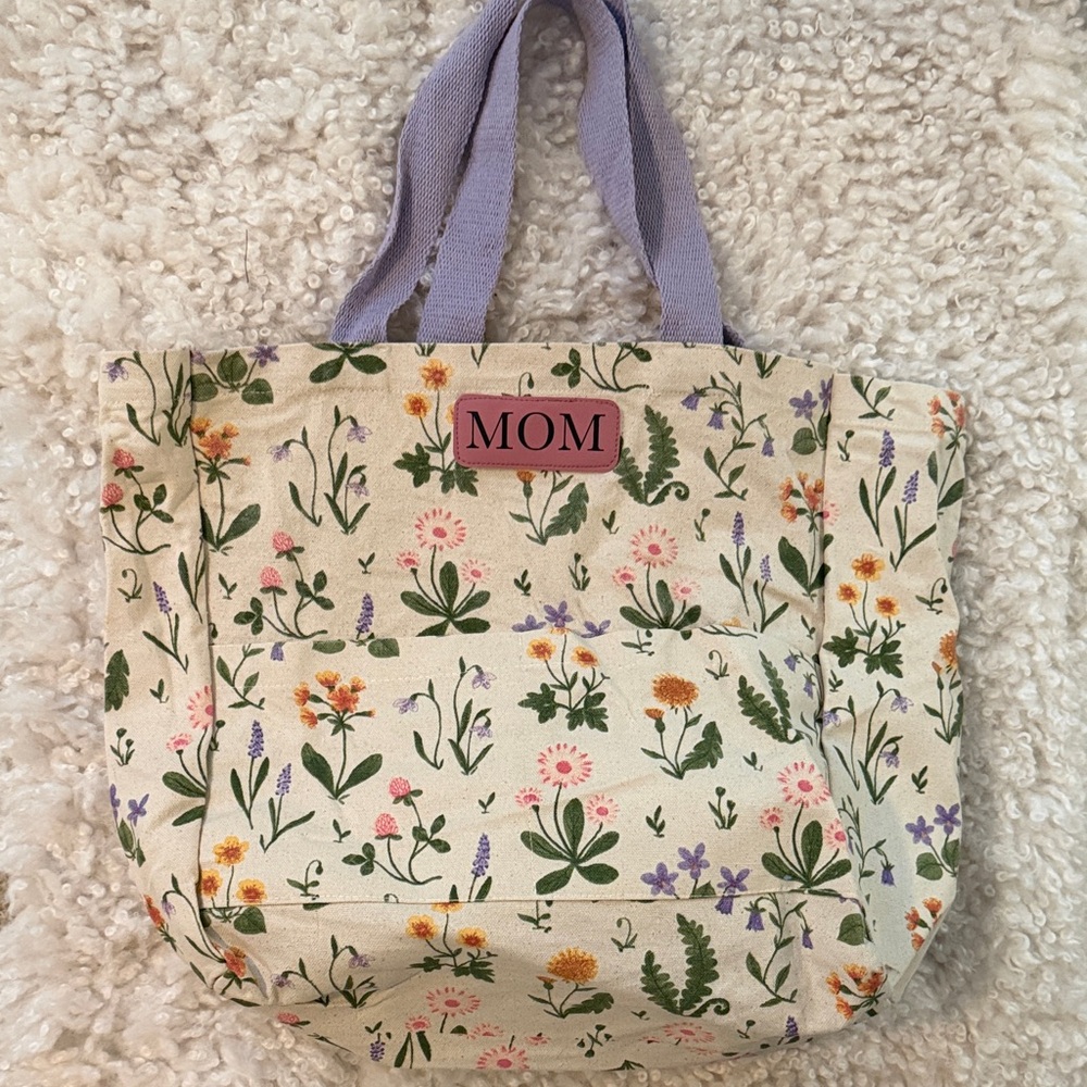 Floral 'MOM' Canvas Tote Bag with Lavender Handles
